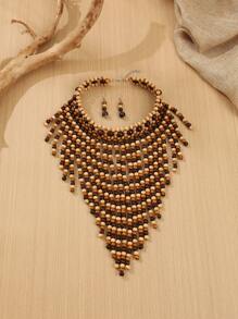 1 Set Di Collana e orecchini fatti a mano, a più strati, con nappine esagerate e perline, adatti per serate, vacanze, stile sud-est asiatico, bohémien, mediorientale, occidentale, retrò, raffinati