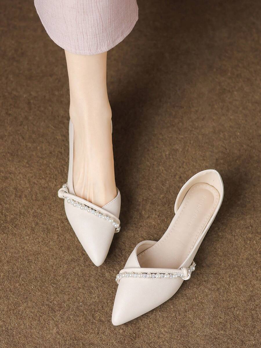 女士平底乐福鞋，新款时尚户外一脚蹬平底鞋，尖头，珍珠水钻装饰，芭蕾平底鞋，纯色女士穆勒鞋，舒适软底软皮船鞋，法式休闲乐福鞋 - 糯米白色 - 查看 1