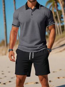 男士两件套 Polo 衫和短裤套装 - 休闲夏季服装、运动服、透气、短袖、抽绳腰带、运动服 - 深灰色 - 查看 1
