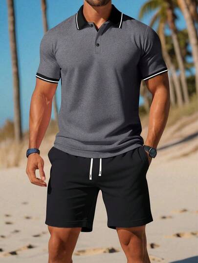 男士两件套 Polo 衫和短裤套装 - 休闲夏季服装、运动服、透气、短袖、抽绳腰带、运动服