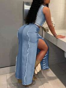 春夏 Y2K 街头性感水洗裙复古镂空做旧破洞毛边牛仔女裙 - 中等水洗藍 - 查看 2