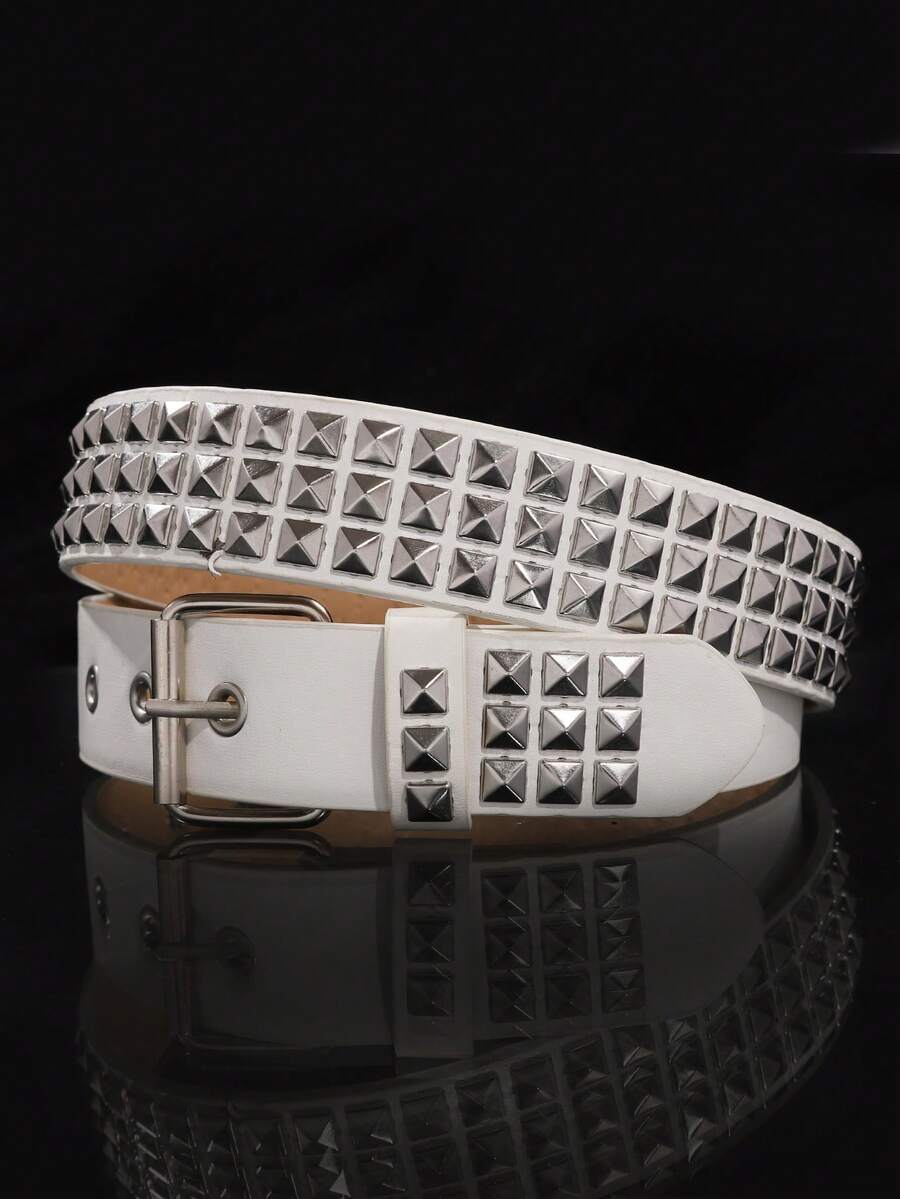 1pc Unisex Solid Color Punk Waist Belt With Shiny Rhinestone Decoration, Fashionable Rock Style - White - View 1