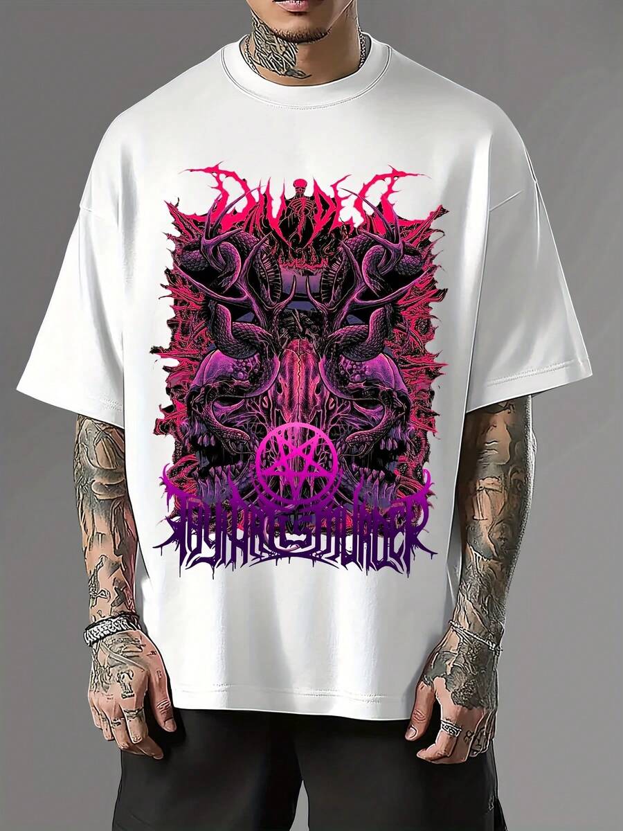 Men'S Gothic Graphic T-Shirt - Demon Skull & Snake Print, Black Short Sleeve Crewneck, Casual Summer Tee For Men - 白色 - 查看 1