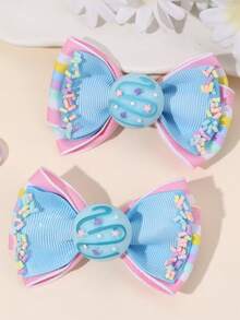 2个/套 女孩蓝色缎带蝴蝶结发夹，彩虹条纹丝带蝴蝶结，冰淇淋造型可爱发饰，适合生日派对、日常佩戴、春夏 - 彩色 - 查看 6