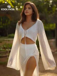 Sexy Knit White Cut Out 2 Pcs Set 2025 Women's Summer Bell Sleeve Lace-Up Loose Top Beach Vacation Half Skirt Two Pieces - White - View 5