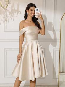 Off Shoulder Satin Ruffle Dress Short A-Line Homecoming Dresses For Teens, Prom Cocktail Party, Graduation, Wedding - Gold - View 2