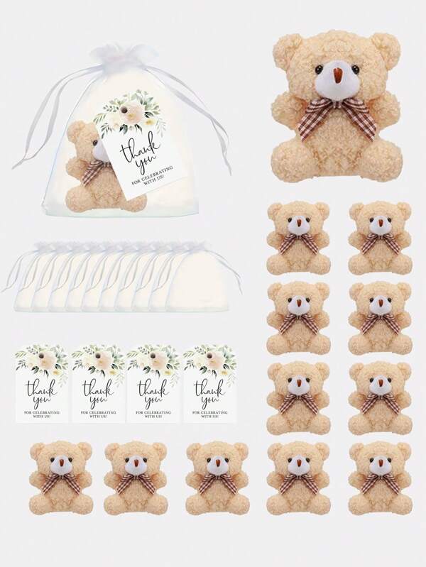 3 stuks / set 18 stuks / set 36 stuks / set Mini pluche beren cadeau Kleine zakbeer decoratiesets, inclusief zachte berenpop, wit organza zakje en bedankkaartje voor verjaardagsfeestjes, bruiloften, Valentijnsdag en Kerstmis
