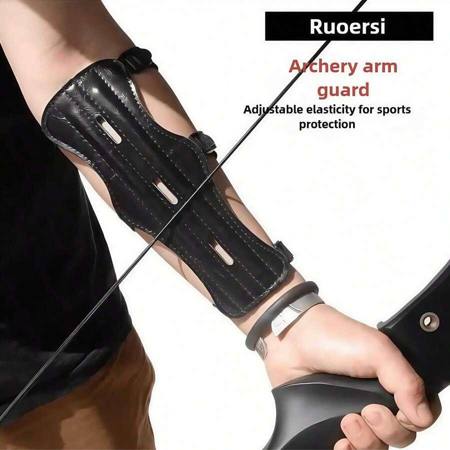Three Hole Black PU Material Arm Guard, Traditional Recurve Bow Shooting And Archery Supplies, Bow And Arrow Protection Equipment