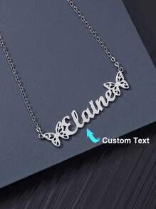 Customized Double Butterfly Name Necklace, Stainless Steel Personalized Name Pendant Necklace Accessory, Birthday Gift For Her