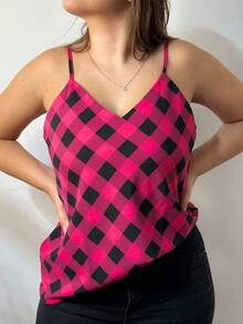 Women's Tank Top With Adjustable Straps Basic Crepe Strappy Top - Pink Chess - View 4
