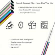 12pcs Vibrant Rainbow Stainless Steel Straw Set With Cleaning Brush - Reusable, Easy Clean Metal Straws For 20/30oz Glasses/Smoothies/Bubble Tea/Coffee Shop/Bar/Party, Valentine's Day Gift (Silver/Color),School Supplies