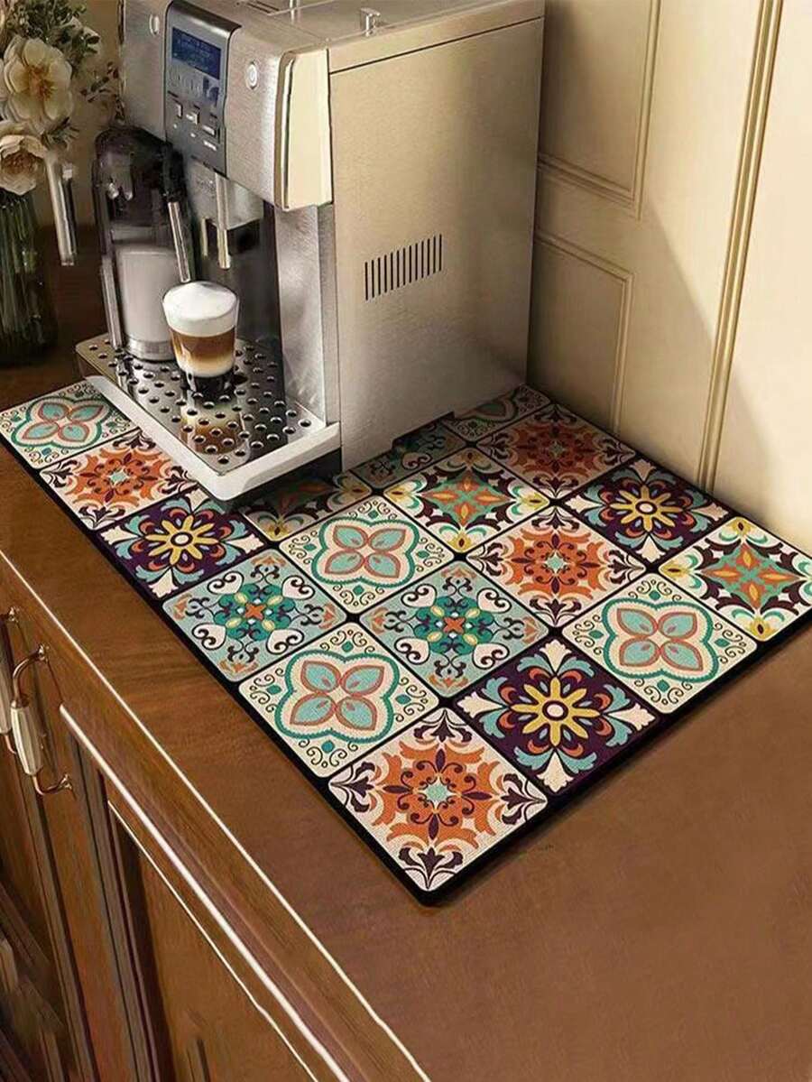 1pc Coffee Mat - Hide Stain Absorbent Rubber Backing Quick Dry Mat For Kitchen Counter Coffee Bar Accessories Dish Drying Mat For Coffee Maker Coffee Maker Coffee Pot Espresso Maker - Multicolor - View 1