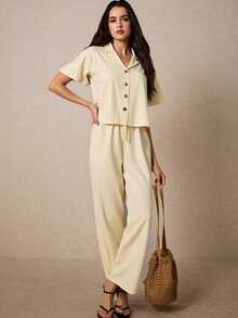Set de 2 piezas de conjunto de pantalones y blusa con botones de unicolor para vacaciones - Beis - Ver 1