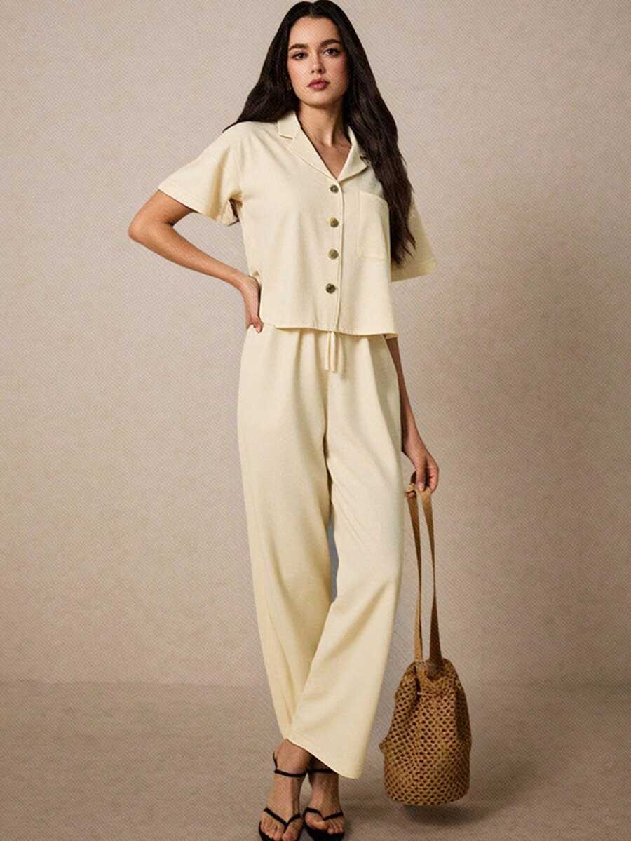 Set de 2 piezas de conjunto de pantalones y blusa con botones de unicolor para vacaciones - Beis - Ver 1