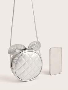 1pc Girls Shiny Cute Glitter Bow Design Round Mini Crossbody Bag, For Daily Use - Silver - View 3