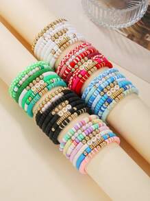 Conjunto de 7 peças/conjunto elegante de joias com contas de argila polímero CCB em formato de coração e pérolas artificiais, adequado para uso diário feminino, presente para família, namorada, melhor amiga, férias na praia, festival, aniversário, festa