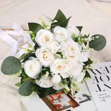 Artificial Eucalyptus & White Flower Bridesmaid Bouquet, Pre-Made Small Floral Arrangement For Wedding Centerpiece, Party/Ceremony Anniversary Tabletop Decor