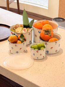 5pcs/Set Vintage Enamel Ice Bowls With Lids, Airtight Dust-Proof, Heat-Resistant For Cooking & Soaking, Suitable For Camping, Serving Soup, Storing Food & Snacks In All Seasons - Beige - View 3