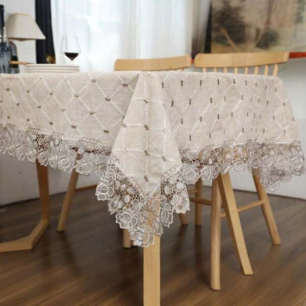 Rural Farmhouse Cotton Linen Tablecloth, Diamond Jacquard And Lace Embroidery | Waterproof, Oil Resistant, And Stain Resistant | Wedding And Christmas Party Kitchen Table Decoration | Picnic Fireplace Piano Cover | Four Season Home Decoration 130x180cm (Gray&White)