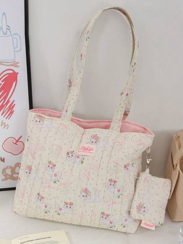 1Pc Cute Cat&Bow Design Shoulder Bag With Zero Wallet Pendant Quilted Stripe Tote Shoulder Bag Floral Tote Bag Short Trip Shoulder Bag Travel Shopping Bag With Detachable Coin Purse For Teen Girls Women College Students Perfect For College, Outdoors, Travel, Outings
