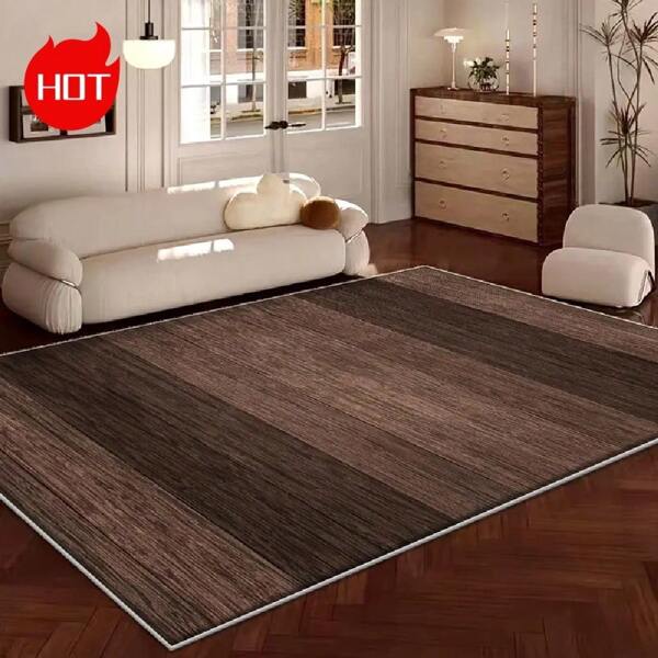 Alfombra de gran área, diseño 2025 nuevo, patrón texturizado marrón personalizado, estilo moderno y de moda, hecha de material de terciopelo de cristal de alta tecnología, superficie tejida de alta densidad, resistente a la decoloración, resistente a la abrasión y fácil de limpiar. La parte inferior presenta partículas con puntos para una mayor fricción, lavable a máquina.