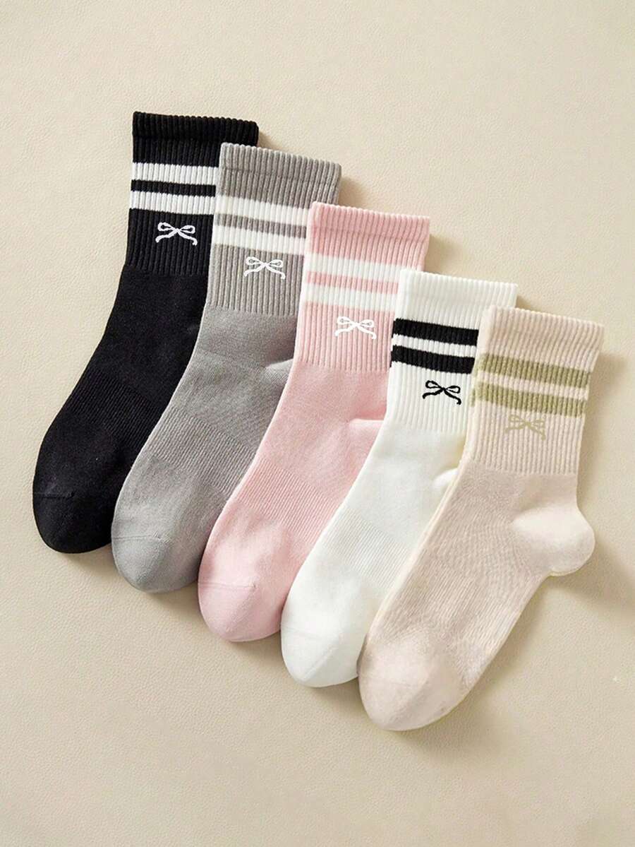 5双装纯色、条纹、蝴蝶结设计时尚个性女袜,柔软舒适透气,休闲中筒袜,适合日常穿着,圣诞礼物佳选 - 多色蝴蝶結 - 查看 1