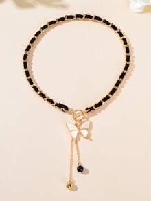 1 件优雅黑绳编织链 Y 型白色蝴蝶吊坠项链周年纪念礼物珠宝 - 蝴蝶白 - 查看 2