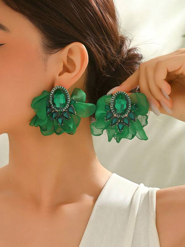 Bohemian Fabric Flower Earrings For Women Imitation Gemstone Floral Large Stud Earrings For Party Prom Seaside Vacation Jewelry