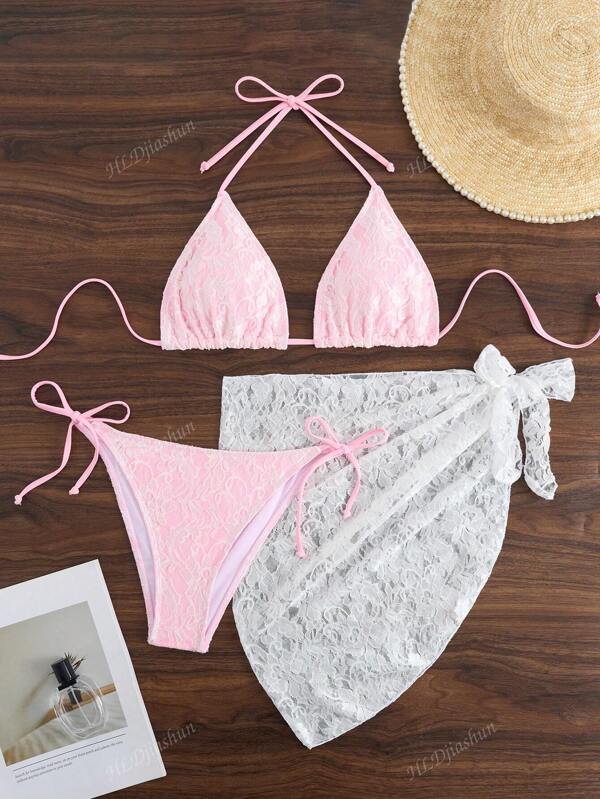 Conjunto de 3 piezas con bikini de escote de atar con encaje, falda mini y pareo para mujer para verano y playa