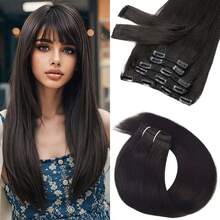 7pcs/Set Clip In Human Hair Extensions Easy To Install - Real Soft Natural Straight Double Lace Weft, Seamless & Breathable With 16 Clips Included Natural Straight - Natural Black - View 1