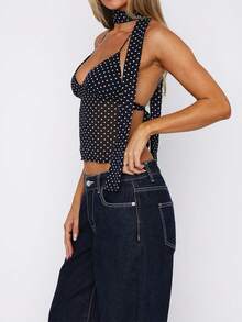Women's Fashion Contrast Dot Cami Top With Deep V Backless Tie Strap Sheer Back - Black and White - View 3