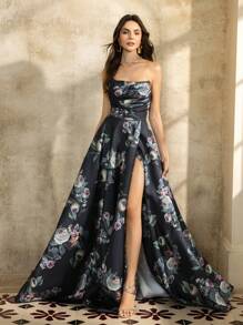 Faeriesty فستان سهرة رسمي مطبوع بالأزهار مع تجعيد أمامي وتعقيد خلفي وبدون أكتاف من طراز Faeriesty