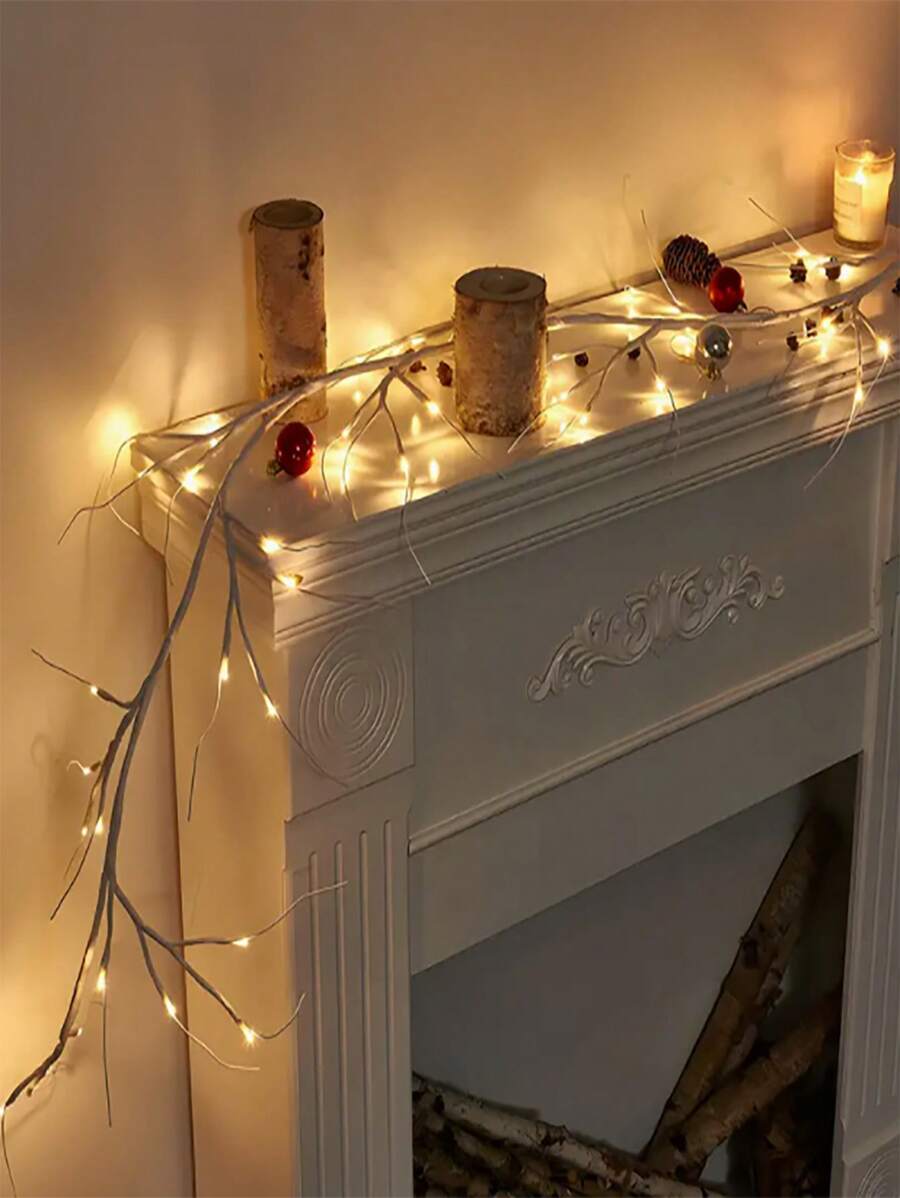 1 Illuminated Flower Wreath With White Birch Branches, Illuminated Flower Wreath With 48 LED Lights, Used For Christmas Decoration Indoors, Illuminated White Birch Flower Wreath, Used For Holiday Party Decoration, Fireplace Mantel, And Tabletop Center