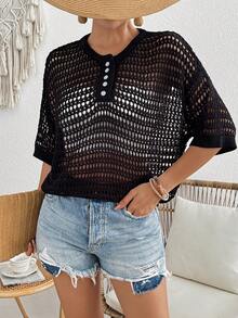 Maglia da donna a maniche corte con bottoni, a tinta unita, a goccia, ampia, in maglia leggera, casual, adatta per le vacanze estive - nero - Visualizzare 1