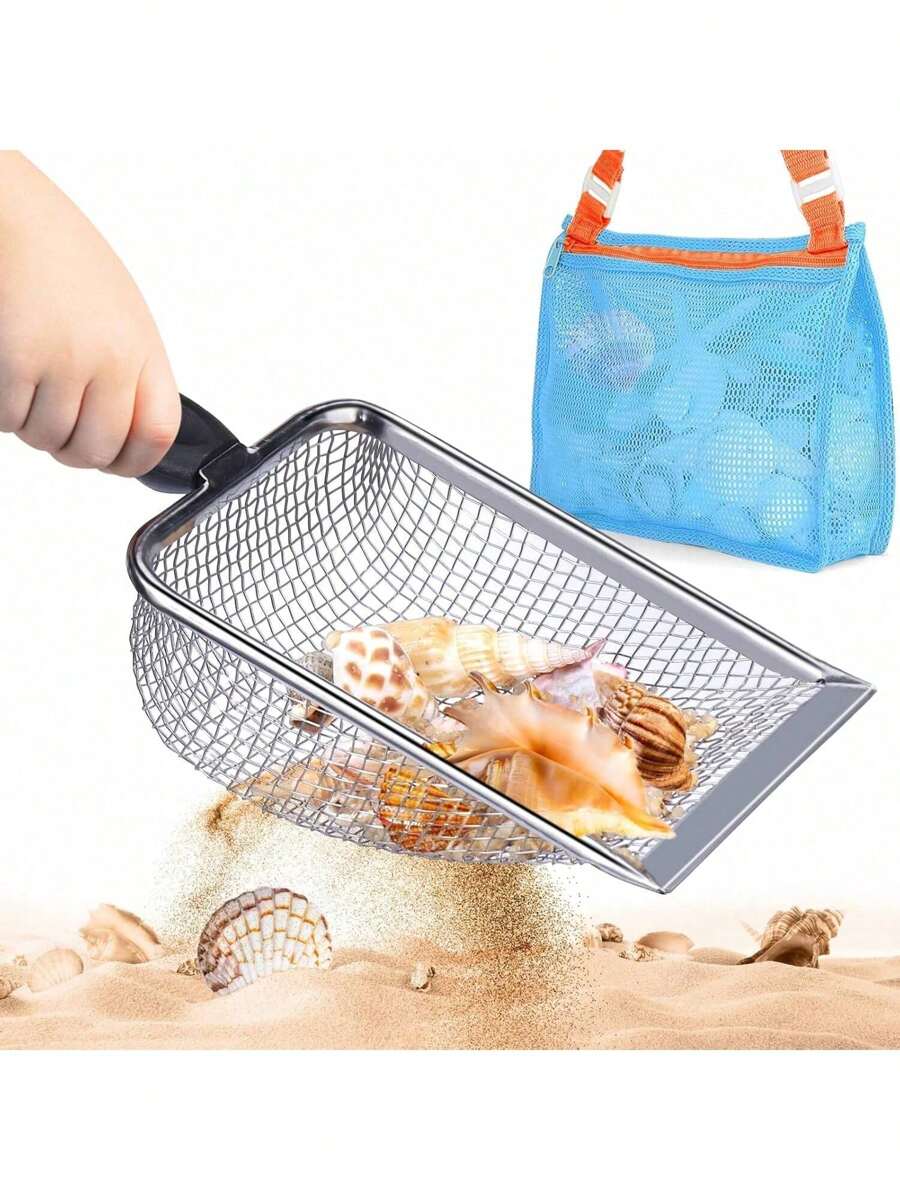 1pc Beach Mesh Shovel With Net Bag, For Collecting Seashells, Kids Sand Filter Shovel To Pick Up Seashells, Shark Tooth Sifter, Suitable For Boys And Girls
