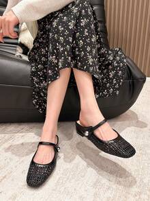 Xin Jing Shoes 2025秋季女士平底鞋时尚百搭编织镂空绑带平底增高通勤平底鞋穆勒鞋 - 黑色 - 查看 5