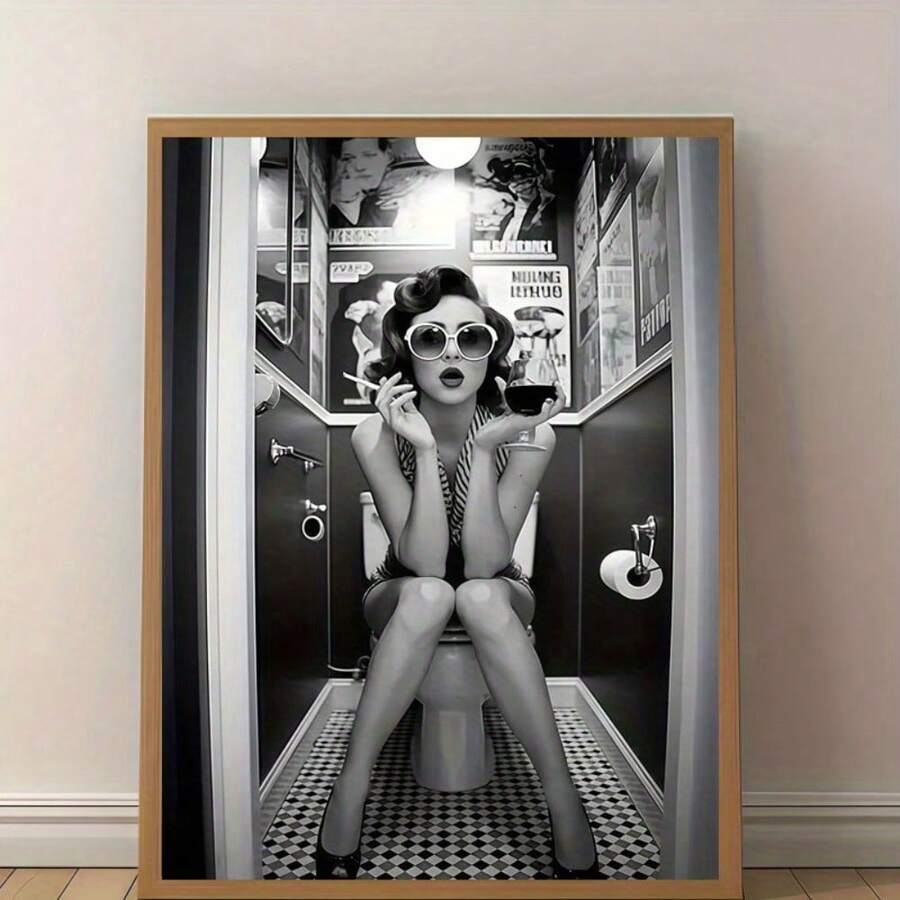 Impresión en lienzo de una mujer con glamour vintage en el inodoro, arte de pared humorístico en blanco y negro para la decoración de la sala de estar, dormitorio, oficina o comedor, decoración del baño, 2D plano, perfecto para la decoración de la habitación con un marco opcional - Multicolor - Ver 1