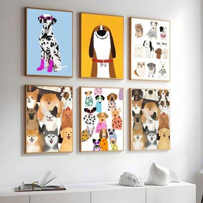 1 件复古卡通可爱狗动漫绘画艺术印刷品现代家居办公室装饰，非常适合客厅、卧室、厨房等装饰礼物可选框架
