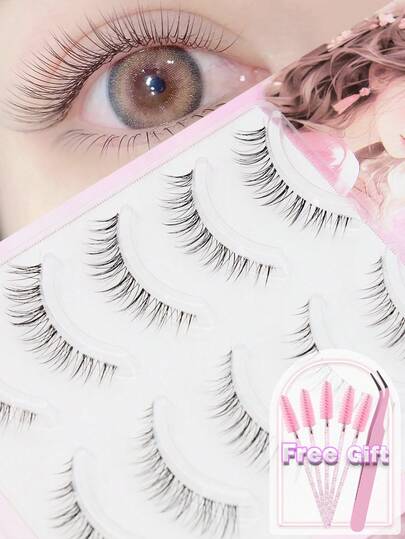 AYRMILLA 5对自然假睫毛，蓬松柔软，3D貂毛材质，纤长丝滑，适合日常、工作、会议等场合，自然舒适，手工制作，纤长浓密，附赠睫毛镊子和睫毛刷。