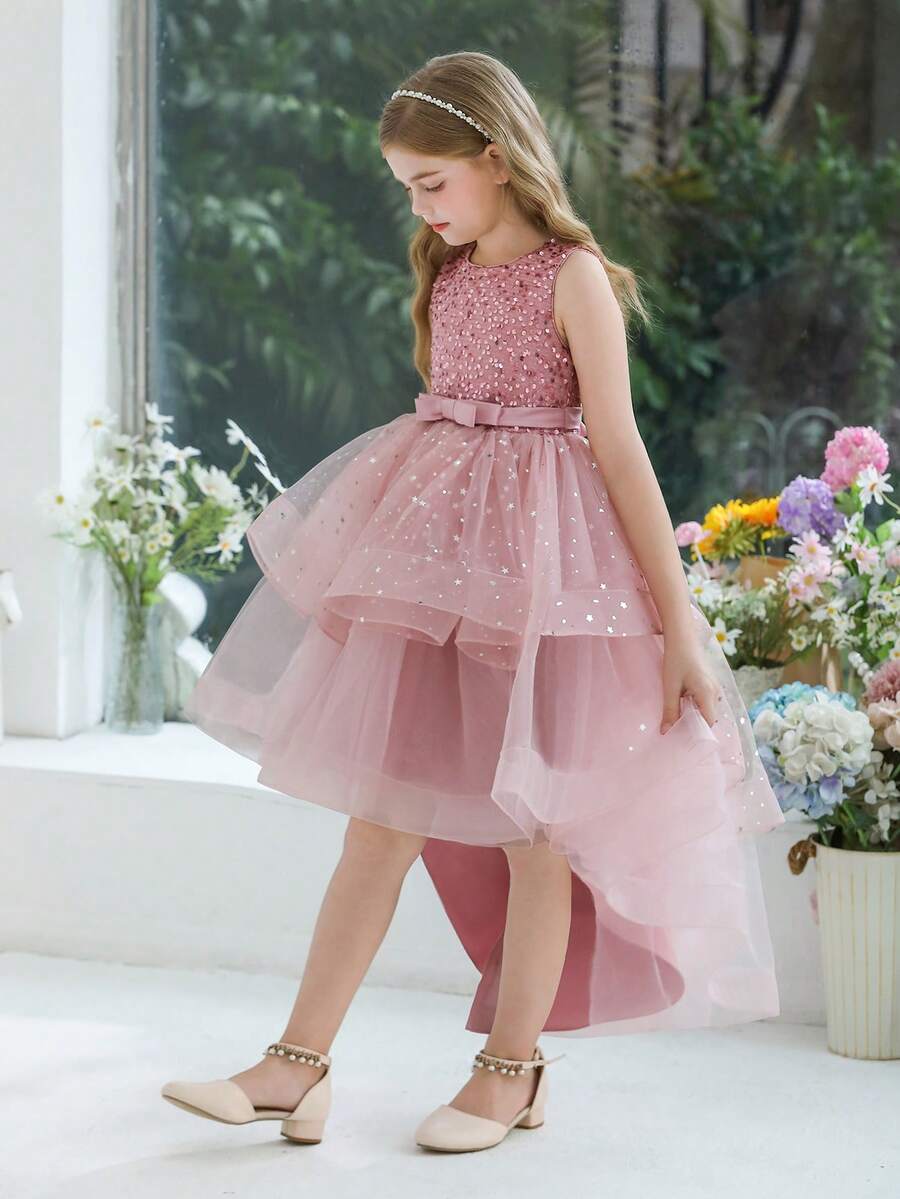 少女优雅亮片拖尾薄纱公主裙，适合生日派对、婚礼、花童、舞会、节日场合 - 粉色 - 查看 1