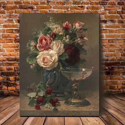 2D Flat-Elegant Vintage Floral Oil Painting Canvas, Red & White Roses With Ornate Vase, Perfect Gift Wall Art For Living Room, Bedroom, Study, Bathroom Decor, Aesthetic Room Decor, 2D, Perfect For Room Decor-Wrapped Canvas Painting Wall Art For Living Home Decor Holiday & Birthday Gift, Office Decoration Arranged Artwork Optional Frame ,Wall Art With Frame