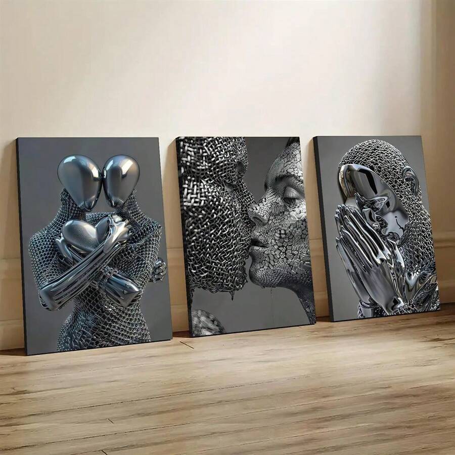 3 件木制相框北欧情侣金属人物雕像帆布海报墙面艺术印刷装饰画，创意帆布海报，防水帆布墙面艺术，艺术品墙画礼品，卧室装饰，客厅墙面装饰，家居和宿舍装饰，带框架的墙面艺术 - 彩色 - 查看 1