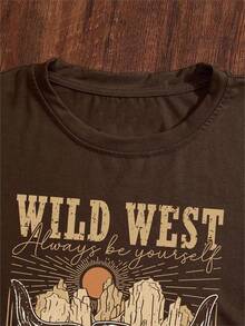 Country Wild West Short Sleeve Graphic T-Shirt Women's 100% Cotton Blouse - 鏽棕色 - 查看 3