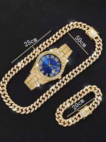 Luxury Alloy Men's Quartz Watch, With Rhinestone Rhinestone Crystal And Date, Paired With A Hip-Hop Cuban Necklace And Bracelet Set