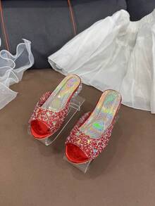 Girls Shiny Red Crystal Slippers, Fashionable & Versatile, Suitable For Fancy Dresses, Holidays, Parties, Vacations - Rose Red - View 6