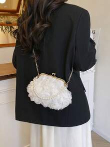 2025 Spring/Summer White Romantic Wedding Season 1pc White Pearl Mesh Floral Hair Clip & Pearl Handbag, Elegant Women's Luxury Dress Evening Bag, Bridal Purse, Wedding Party Clutch - White - View 4