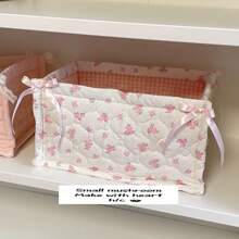 1 Cute Pink And Blue Three-Dimensional Bow Lace Storage Basket, Desktop Sundries Storage Basket, Lipstick Makeup Brush Skin Care Storage Basket, Desktop Decoration, Cosmetics Organizer, Portable Picnic Basket, Valentine's Day Gift, Bathroom Storage