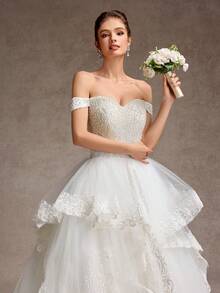 女士白色礼服，优雅衬里，水晶装饰，适合婚礼、派对、新娘 - 白色 - 查看 7