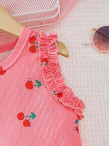 2pcs Summer Sleeveless Set Young Girl Cute Fruit Pattern Tank And Outdoor Summer Outfit