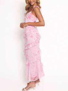 Women Y2k Boho Maxi Dress Floral Lace Sheer Tiered Flowy Cami Long Dress 2025 Summer Smocked Beach Sundress - 粉色 - 查看 3